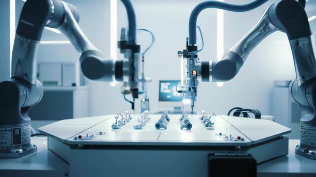 Two robotic arms in modern factory, automated assembly line, industrial manufacturing with technology and machine learning, future of industry.