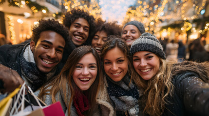 Joyous group of friends, diverse and smiling, enjoying a snowy festive day adorned with twinkling lights.