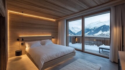 Modern alpine bedroom with mountain view