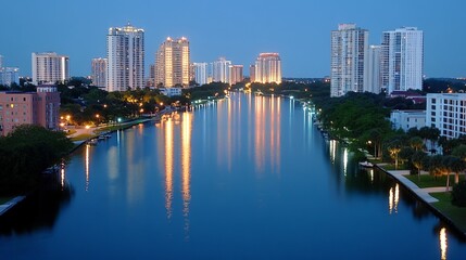 Fototapeta premium City skyline at twilight reflected in a calm river