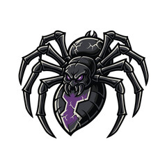 A fierce and stylized black spider illustration with intense purple glowing eyes and intricate web-like patterns, perfect for a gaming mascot, emblem, or a bold graphic design element
