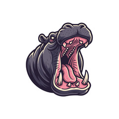 Illustration of a Fierce Hippopotamus with Mouth Wide Open, Showing Teeth and Pink Interior, a Powerful and Aggressive Animal Icon