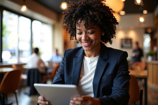 A tech-savvy accountant at a modern cafe, utilizing advanced e-invoice software on a sleek tablet to streamline financial management for clients.