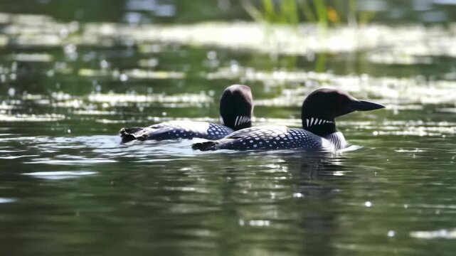 Two Loons swimming in lake water, enjoying nature and wildlife, wild birds in natural habitat.