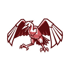 A powerful and stylized avian creature, this red geometric bird with spread wings serves as a modern mascot or emblem, symbolizing strength, mystery, and foresight