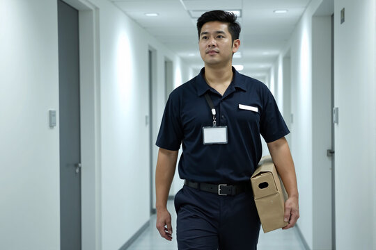 Young asian courier in uniform with ID badge walking through office hallway to deliver package. Professional delivery service concept representing logistics, shipping, and postal mail carrier at work