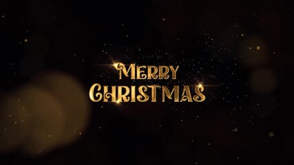 Golden Merry Christmas Wishes with sparkling golden snowflakes and light particles burst across the dark background