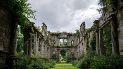 Abandoned ruins of an ancient medieval stone castle or tower, covered with moss and overgrown with ivy, a mysterious view of a ruined palace, romantic castlecore style, AI-generated