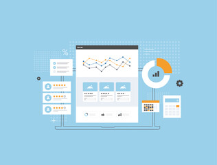 Merchant Center dashboard with marketplaces analytics tools. Business product data, performance metrics, e-commerce tracking dashboard and online retail insights. Flat vector illustration