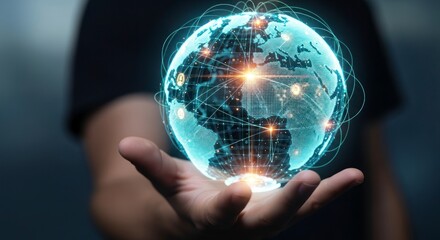 A digital representation of the earth, held within a hand, showcasing interconnectedness and global network.