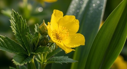 Fototapeta premium A vibrant yellow flower with dew drops, surrounded by lush green leaves, showcases a close-up view of nature's beauty.