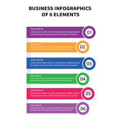 A vertical list infographic showing six numbered and colored elements for a step-by-step process or report.