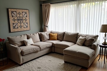 Fototapeta premium Photo of a Small Living Room with an Oversized Sofa that Overwhelms the Space