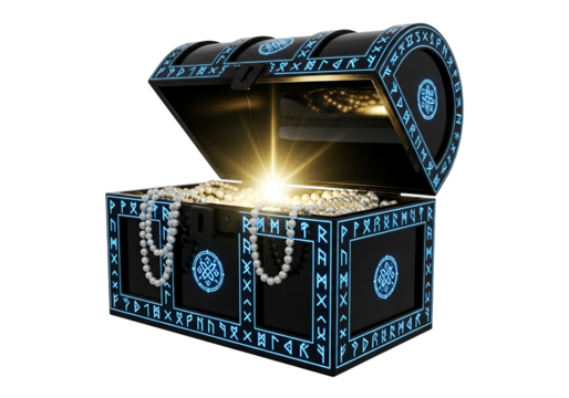 An open treasure chest, brimming with glistening pearls, radiates a luminous golden light against a striking black backdrop.