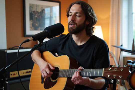 Talented male singer-songwriter performing original song, playing acoustic guitar and singing into microphone. Musician recording music in home studio or giving intimate live performance - Powered by Adobe