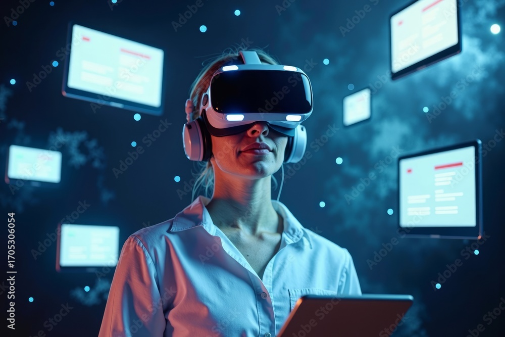 Poster bookkeeper in virtual reality space surrounded by floating tax invoices and computer screens