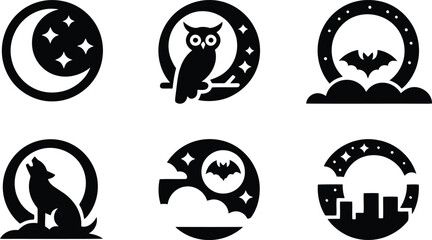Nighttime Silhouette Icons Set Dark Creatures Nocturnal Animals Moonlight Scenery
