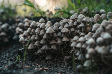 Forest Fungi Cluster in summer forest 