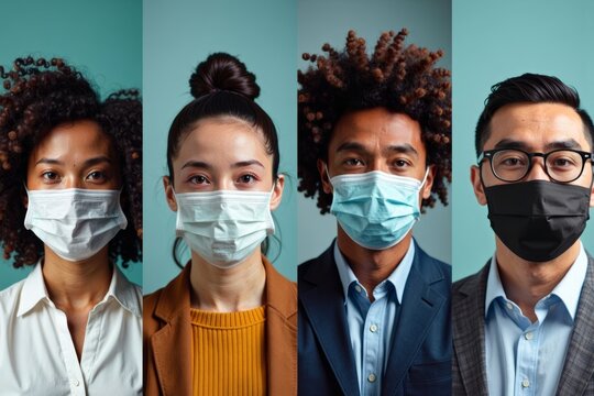 A collection of images capturing diverse professionals in different industries, following safety protocols with masks and social distancing at work. Each photo highlights a unique individual. - Powered by Adobe