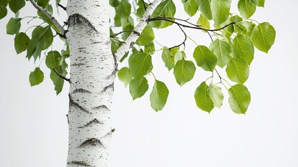 Obraz premium Close-up of birch tree trunk and fresh green leaves against a white background
