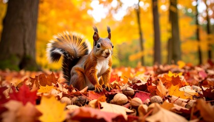 Autumnal squirrel amidst colorful leaves