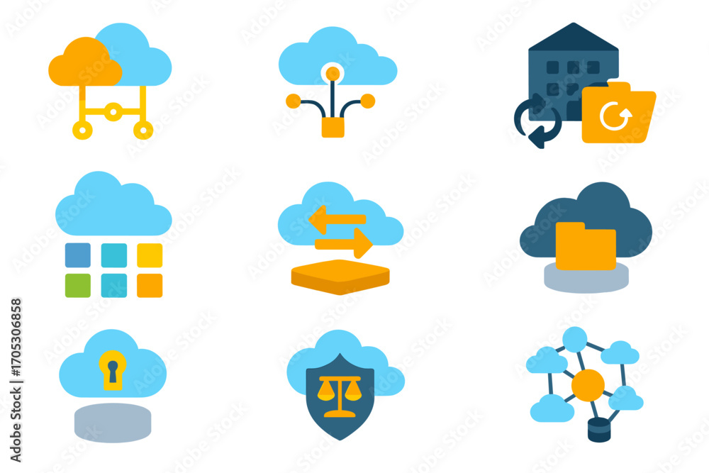 Poster cloud computing flat icon set. data storage, networking, and security icons