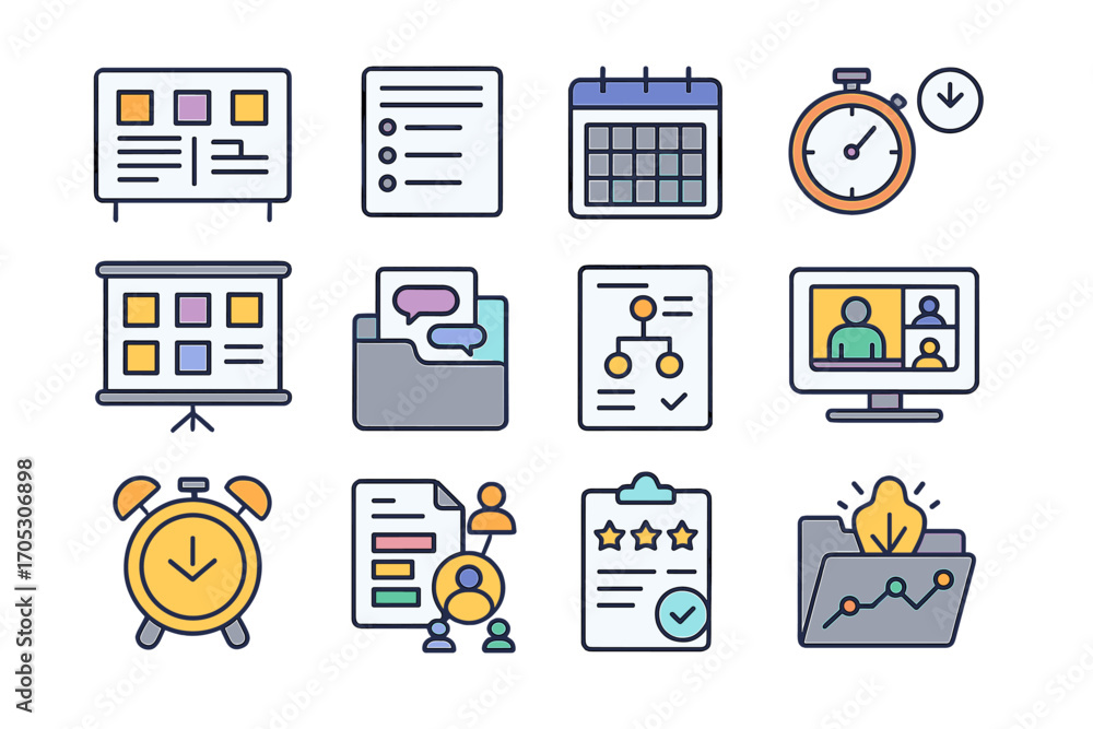 Poster project management linear icon set. schedule, task, and performance tracking icons