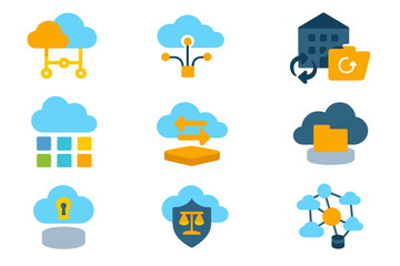 Obraz premium Cloud computing flat icon set. data storage, networking, and security icons
