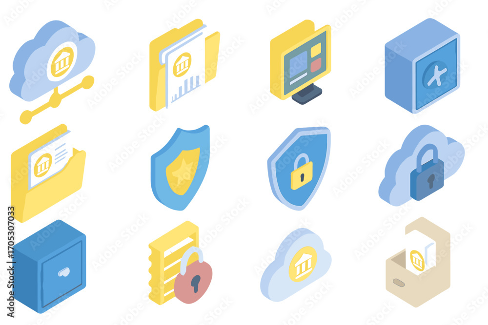 Poster security and finance icon set: 3d collection featuring cloud and lock symbols