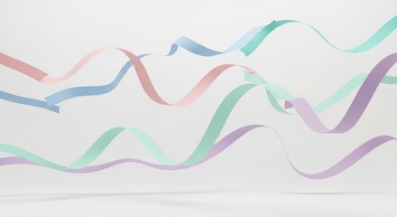 Delicate, pastel-colored ribbons curve and swirl in a graceful, airy display against a bright, neutral background.
