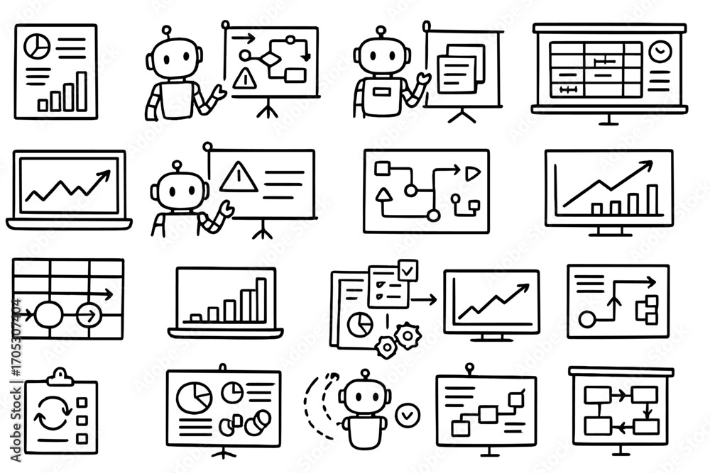 Poster technology and presentation line icon set. robot assistant, graphs, charts collection