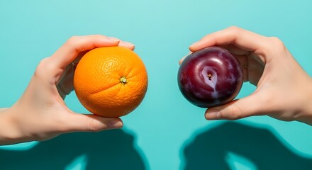 Hands holding an orange and a plum against a turquoise background.