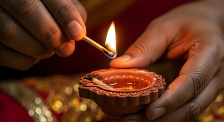 Hands lighting a traditional clay diya lamp for Diwali festival celebration.