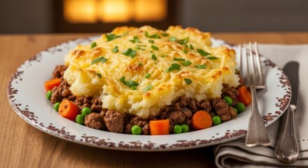 A savory, golden-brown shepherd's pie, topped with a crispy, melted cheese crust, rests on a white plate, showcasing a comforting blend of flavors and textures.