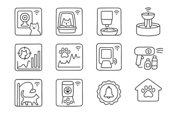 Fototapeta premium Pet care, monitoring line icon set. smart devices for pets, feeding, tracking, remote access