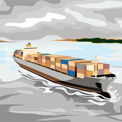 Container cargo ship sailing through rough cloudy waters with distant land.