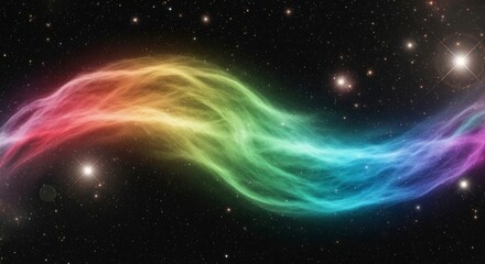 A vibrant, multicolored nebula elegantly curves through a star-studded cosmic expanse, showcasing a captivating blend of ethereal colors.