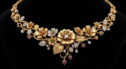 A detailed floral gold necklace, adorned with diamonds, rubies, and emeralds, showcasing intricate flower and leaf designs.