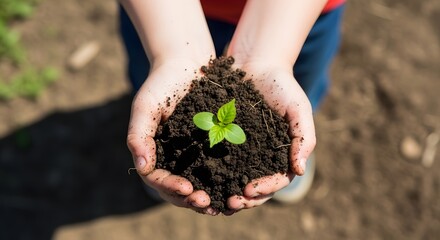 Hands holding fertile soil with a young plant seedling growing.