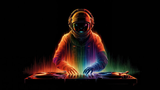 A man in a space suit playing a dj set on a turntable