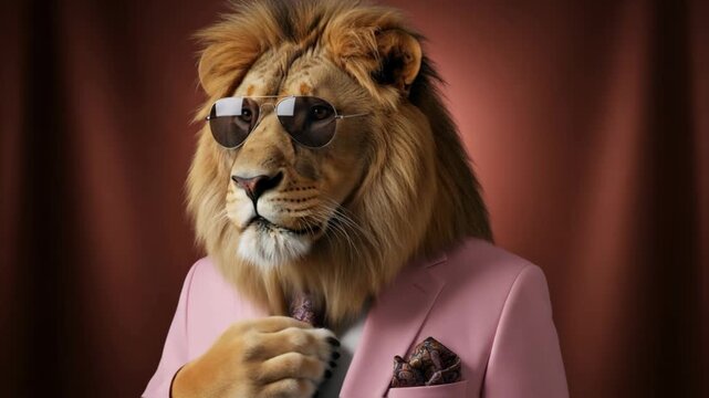 Lion dressed in a stylish pink suit with sunglasses and a patterned tie, exuding confidence and charisma in a sophisticated portrait setting