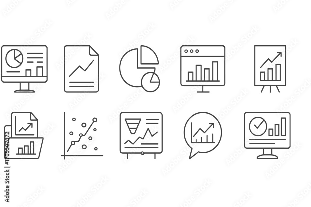 Poster analytics and data line icon set. charts, graphs, data visualization icons outline