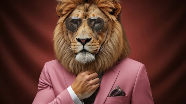 Lion dressed in a stylish pink suit with sunglasses and a patterned tie, exuding confidence and charisma in a sophisticated portrait setting