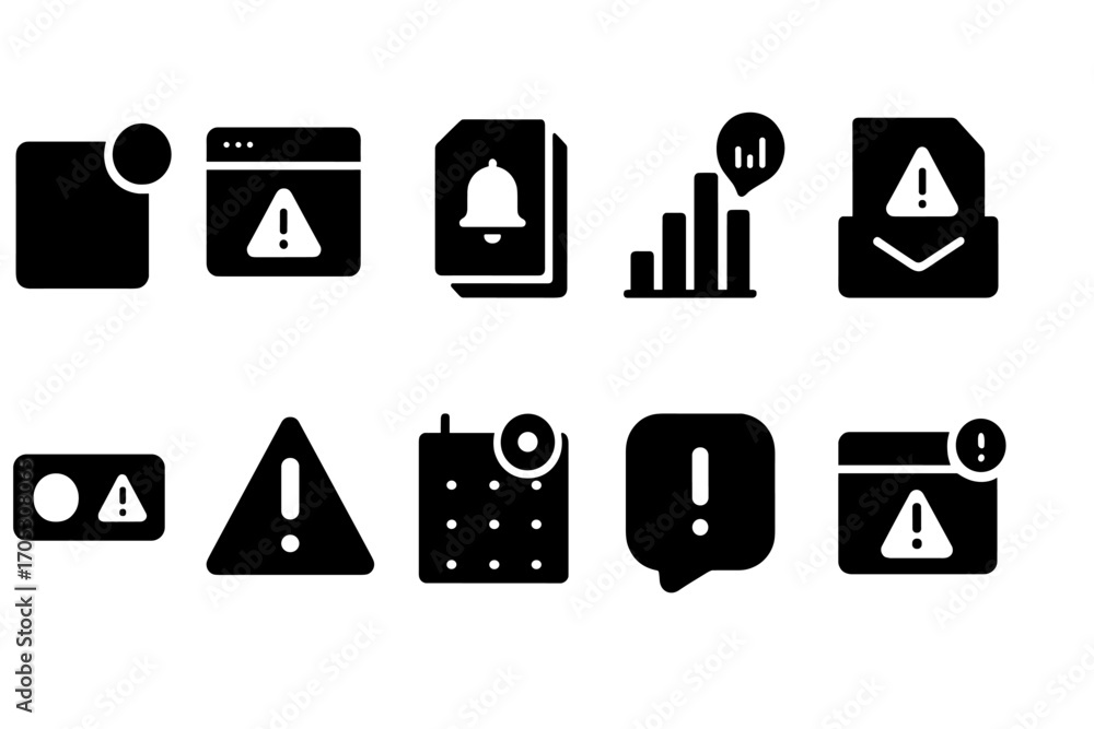 Poster alert, notification solid icon set. warning, message icons solid collection