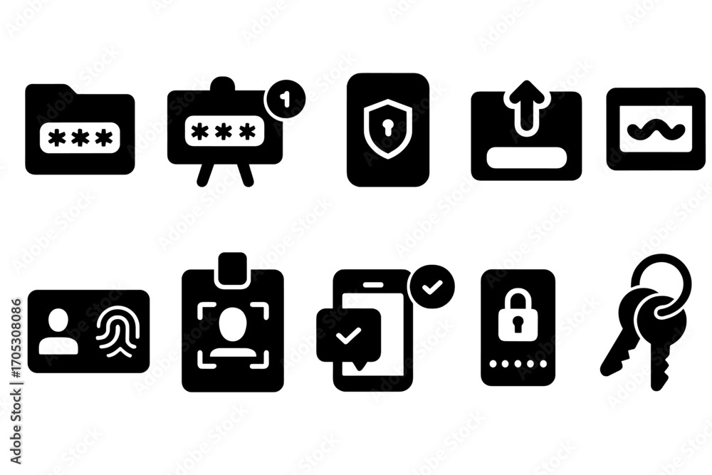 Poster security and access solid icon set. password, authentication symbols collection