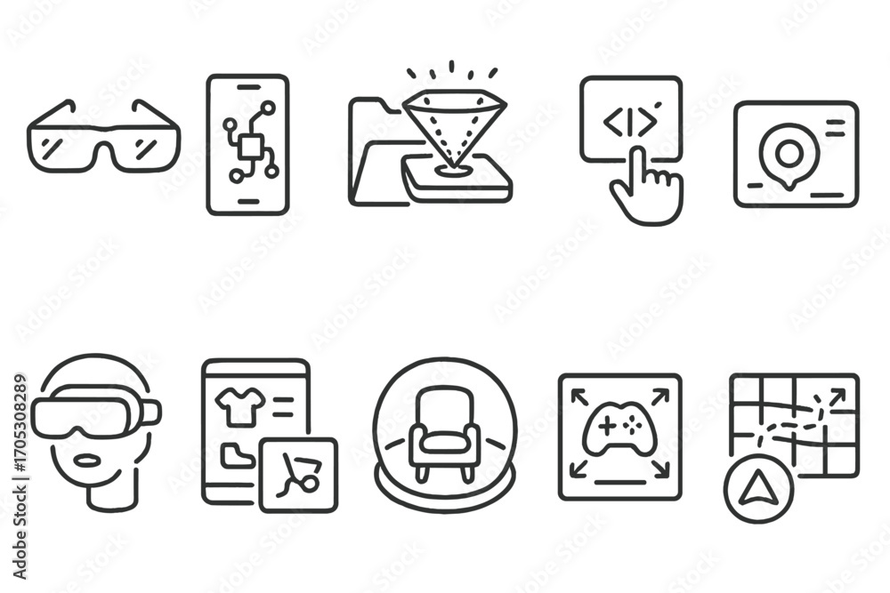 Poster technology and digital outline icon set with interactive, vr, and navigation elements