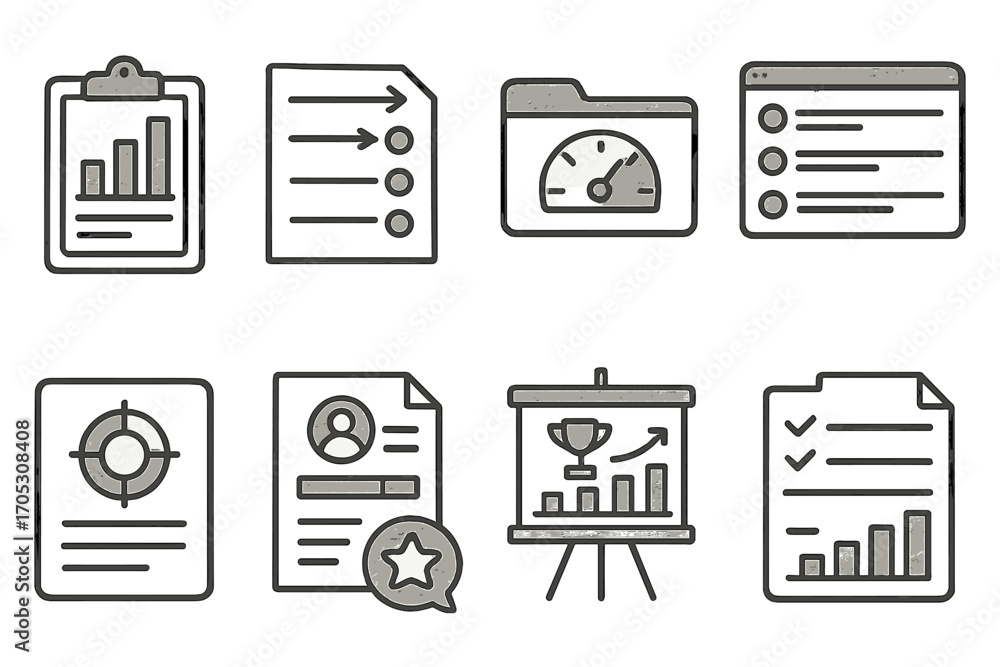 Poster business and data management icon set. flat design for analytics and organization