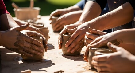 Hands Shaping Clay Pots in a Pottery Class.