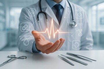 Heartbeat and Medical Technology Visualization with Doctor Hand and Digital Health Icons