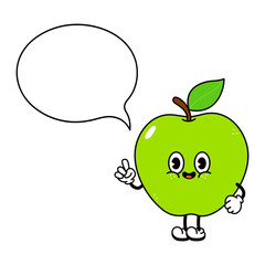 Cartoon apple character with a speech bubble pointing upwards on a white background.